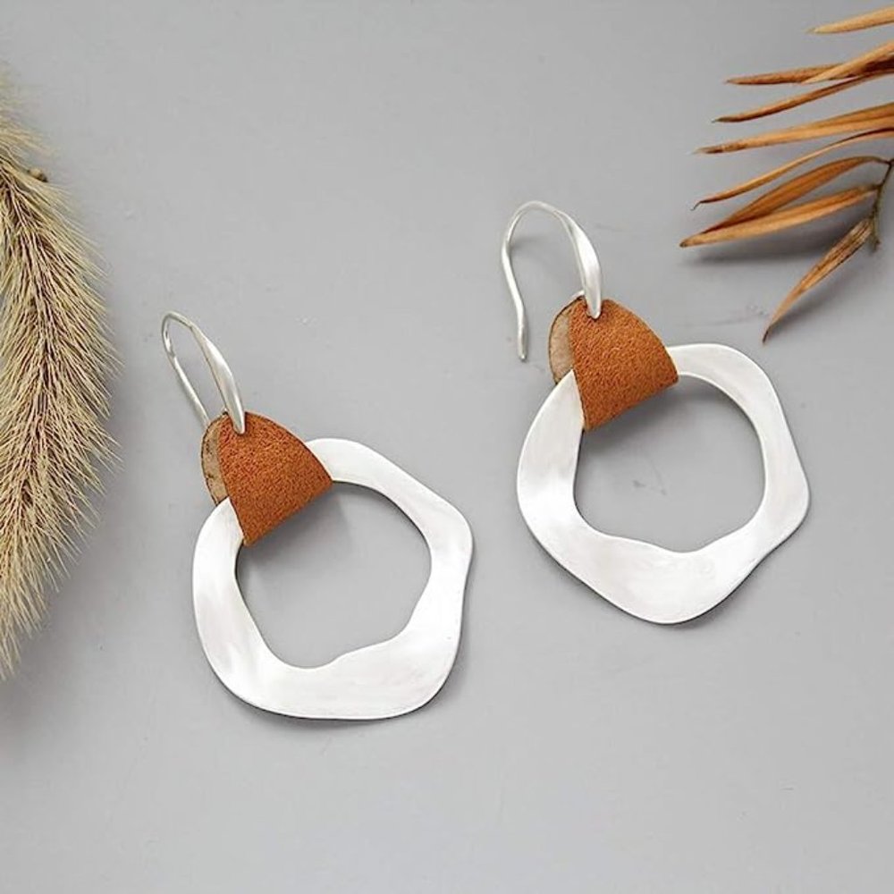 Leather Ring Over Silver Melted Circle Statement Hoop Earring